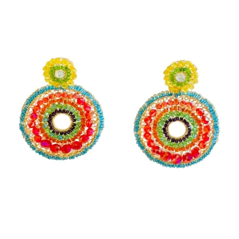 Lavish Tricia Milaneze Earrings Neon Colorful Crystal Hoop Dangle Pierced Beaded